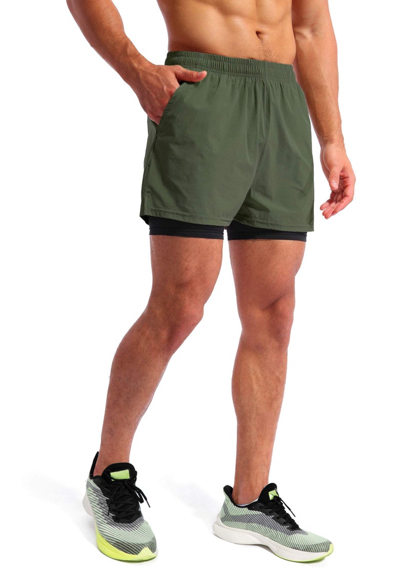 Pudolla Menâ€™s 2 in 1 Running Shorts 5" Quick Dry Gym Athletic Workout Shorts for Men with Phone Pockets(Dark Green Small) - Image 3
